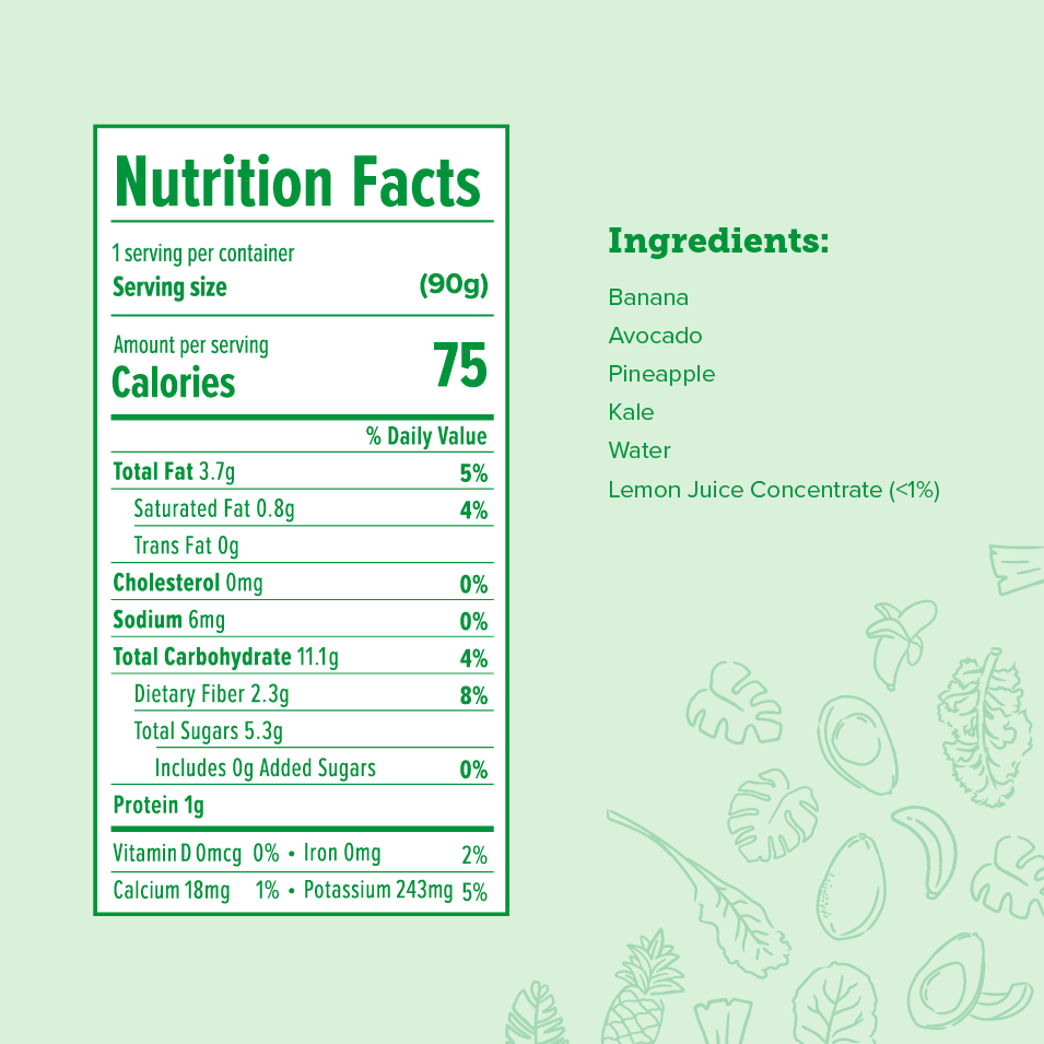 Nutrition facts for Avocado, Kale, Banana & Pineapple